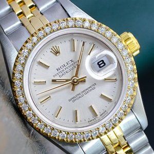 ROLEX LADIES DATEJUST 18K GOLD STEEL SILVER DIAL DIAMOND BEZEL 26MM WATCH 69173
